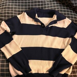 Brandy Melville Navy Blue and Cream Striped Rugby Sweater